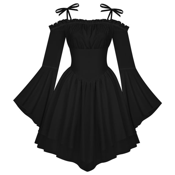 Guieoi Women's Tulle Patchwork Strapless Lace-Up Off-the-Shoulder Court-Style Gothic Medieval Dress Black M