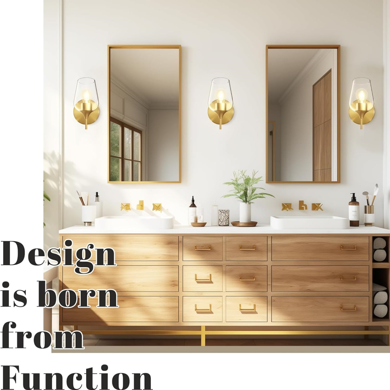 Gold Sconces Wall Lighting Set of 2, Bathroom Wall Lighting Fixtures Brass, Modern and Vintage Wall Lights with Clear Champagne Glass Shade for Bedroom,Fireplace,Hallway,Kitchen