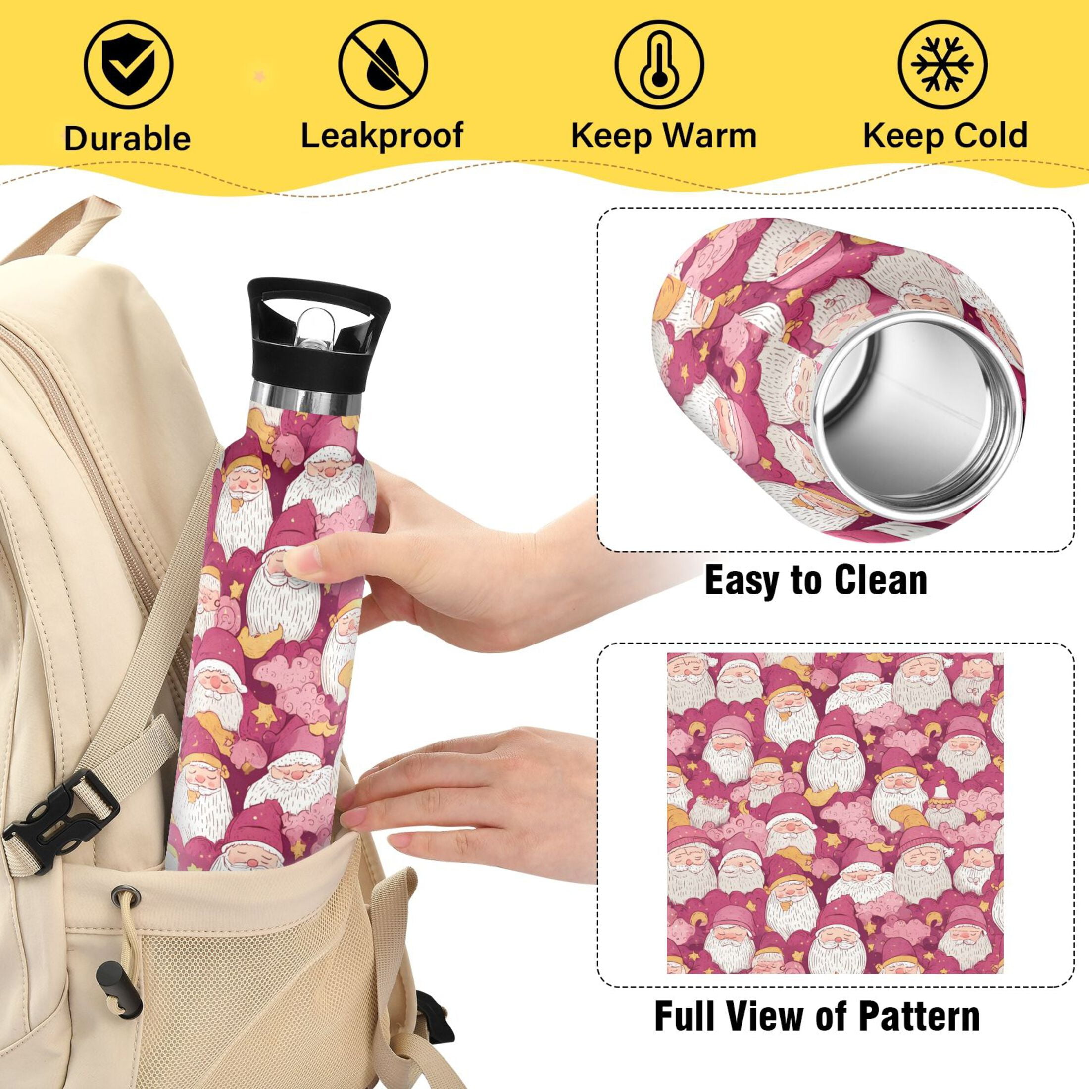 600ML Stainless Steel Insulated Cup Sports Water Bottle Portable Thermos Cup Water Glasses Insulated Tumblers Convenient and Durable Pink Cartoon Santa Claus