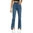 thumbnail image 5 of ManxiVoo Women Split Hem Jeans Elastic Straight Leg High Waist Flared Trousers Versatile Denim Pants XL Size Blue, 5 of 7