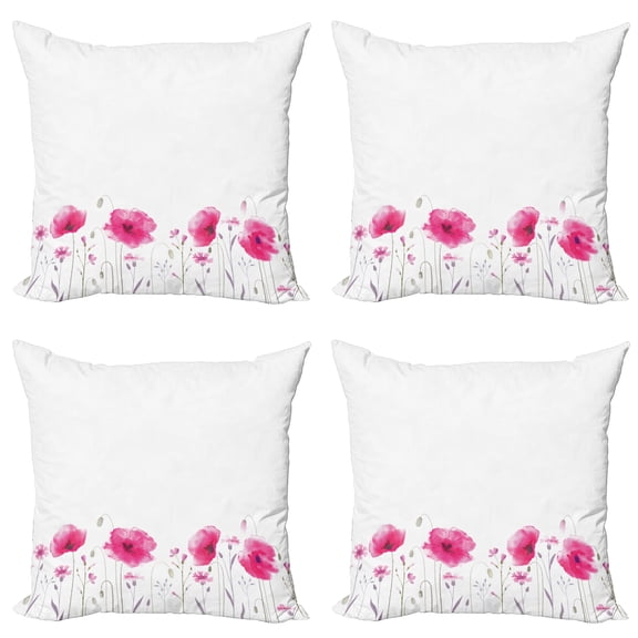 Ambesonne Floral Throw Pillow Cover 4 Pack, Pink Poppy Flowers Art, 24", Pink