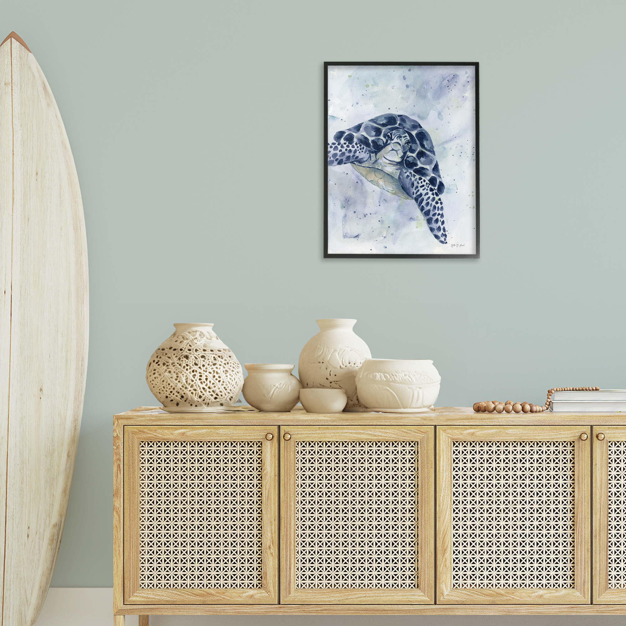 Stupell Industries Swimming Blue Turtle Animals & Insects Painting Black Framed Art Print Wall Art, 24 x 30