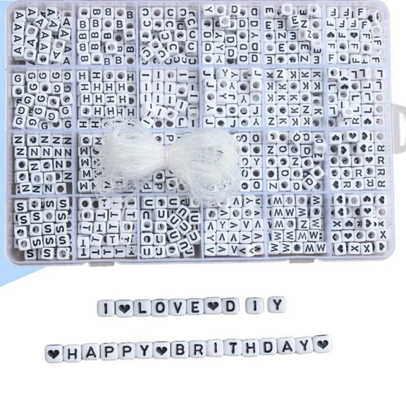 1200PCS DIY 6mm Square Acrylic Alphabet Beads Big Hole Letter Cube Beads with String for Jewelry Making Bracelets Key Chains (White Beads Black Alphabet)