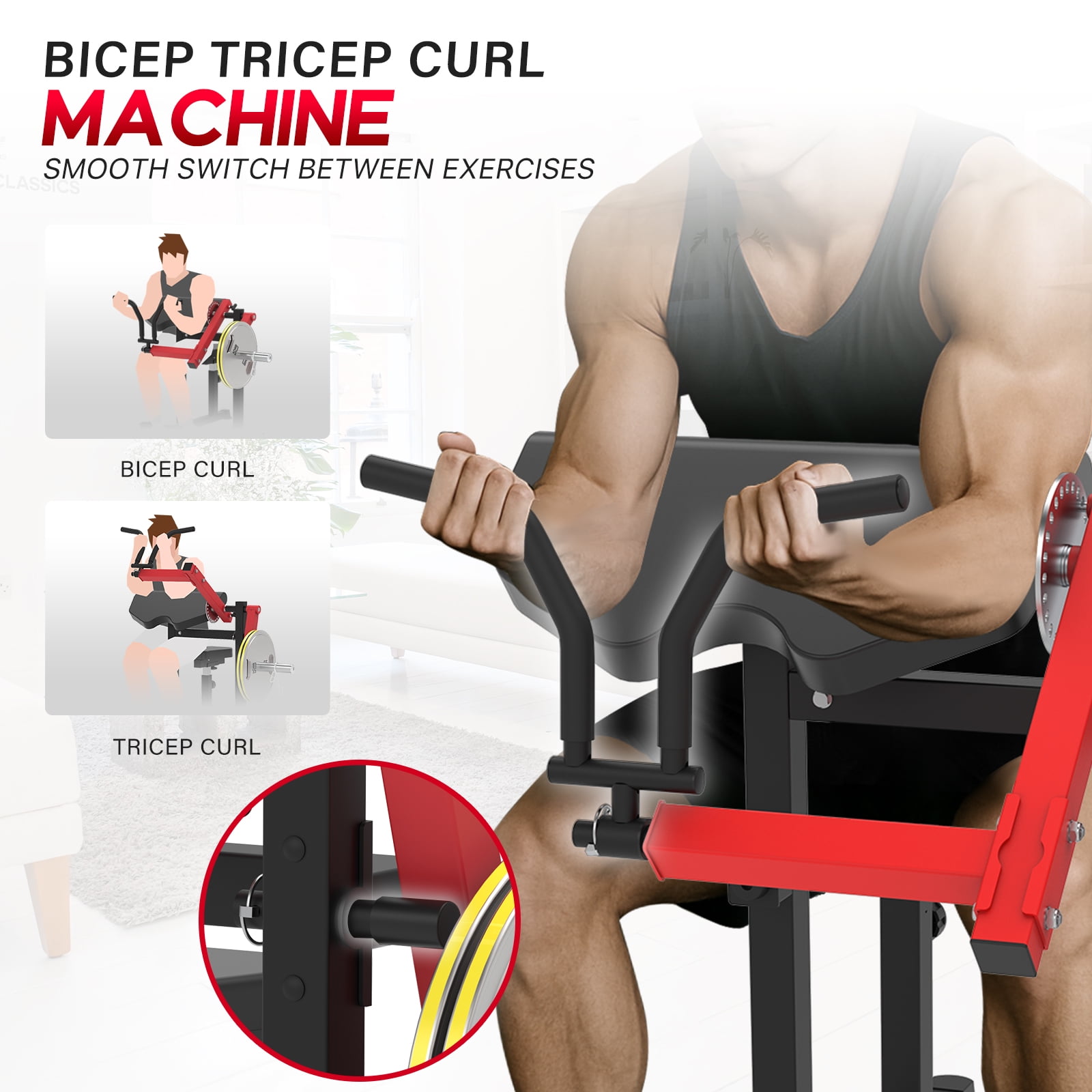 HeeH 2-in-1 Bicep Curl & Tricep Extension Machine - Arm Workout Bench for Home Gym (Red)