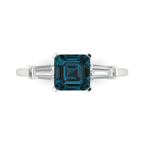 1.62 ctw 3 Stone Anniversary Ring for Women | Square Emerald Cut Natural London Blue Topaz | Hyperallergenic Solid 14K White Gold