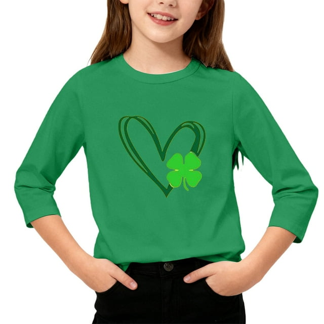 T-Shirt de la Saint-Patrick pour Filles, Mignon T-Shirt Graphique à Manches 3/4 Col Rond avec Imprimé Irlandais, Hauts Décontractés Printemps Été pour Vacances, Fête d'Anniversaire et Usage Quotidien Vert 110