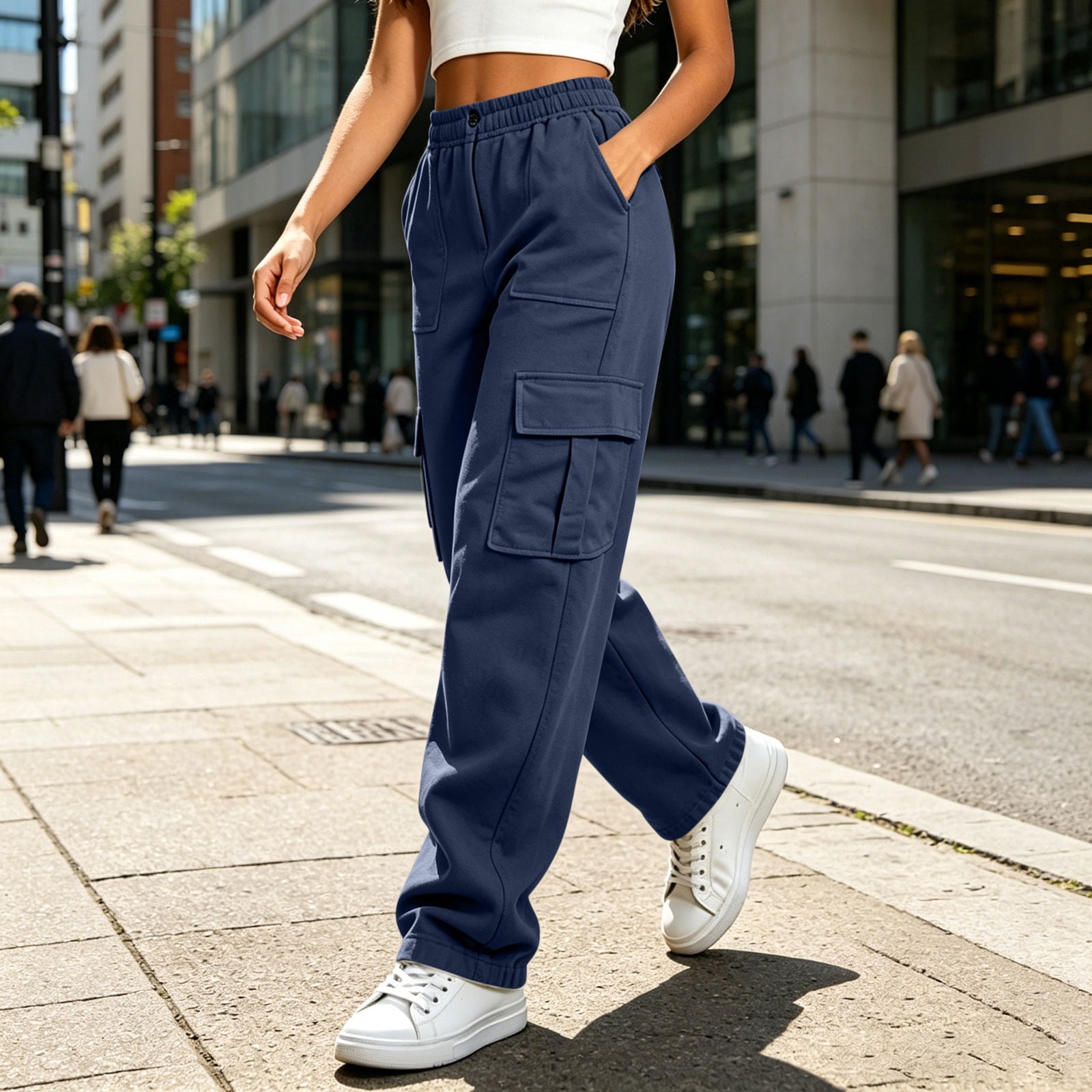 ZHYou No Boundarie Women's Cargo Pants Elastic Waist Wide Leg Loose Straight Casual Baggy Fit Utility Trousers with Multi Pockets,Navy,Size 2XL