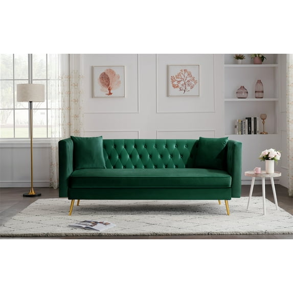Modern Velvet Sofa, Mid-Century Loveseats Sofa with Golden Metal Legs, Vintage Upholstered Couch with Armrests, Button Tufted Couch for Living Room Office Bedroom Small Spaces, Green