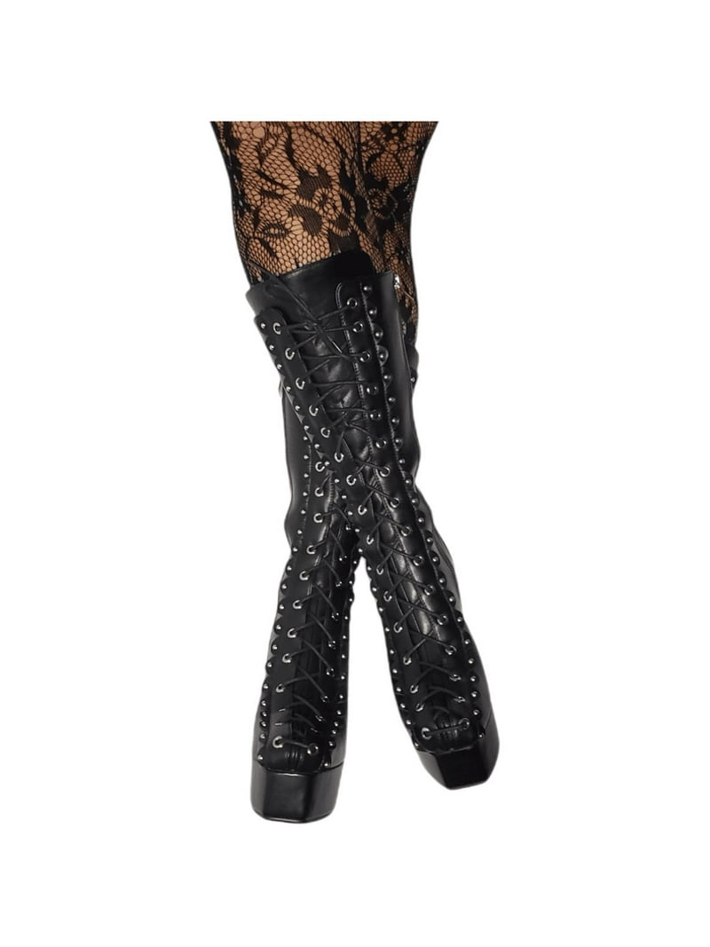 Divines Devil Women Black Gothic High Heel Platform Boots Studded