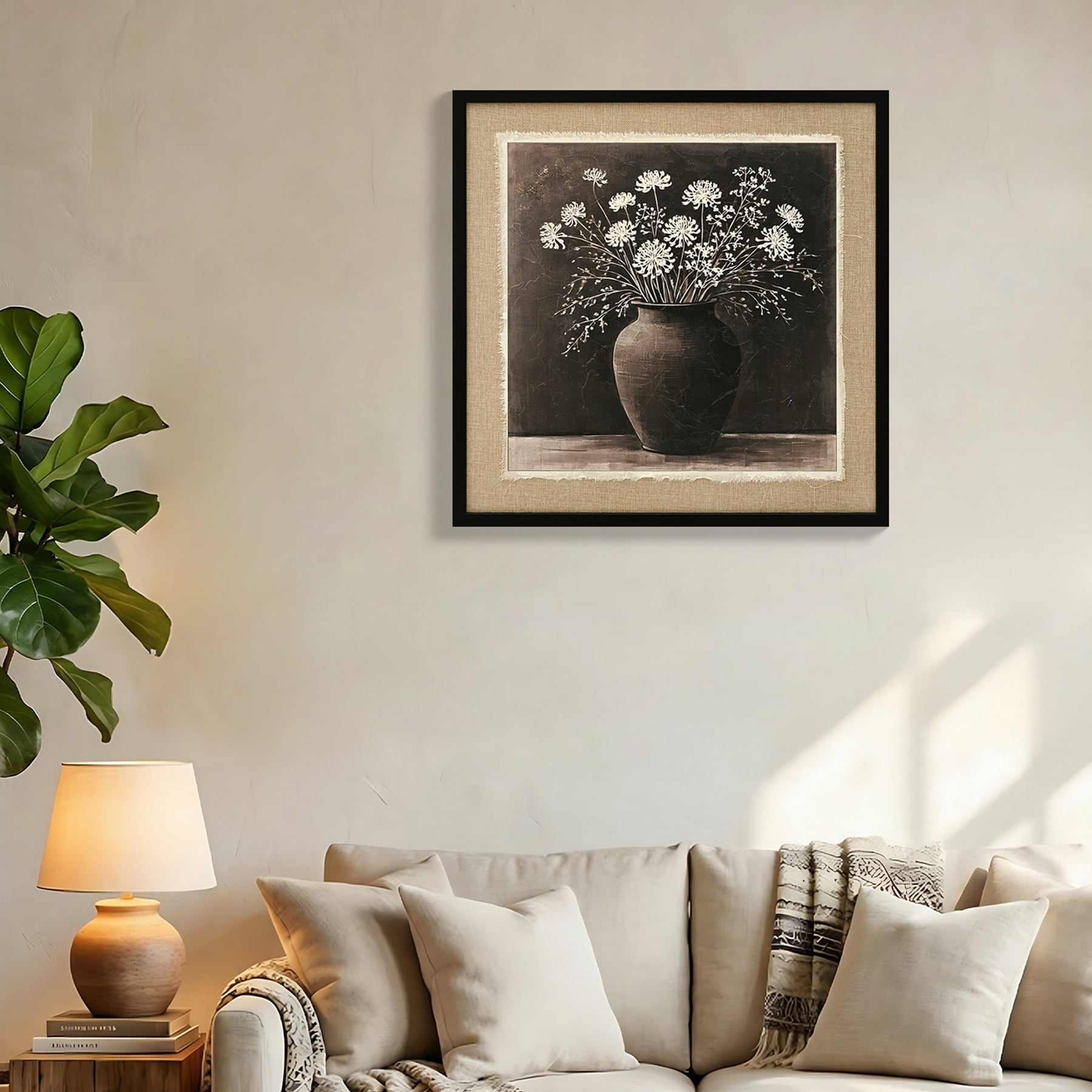Euroco 24x24inch Vintage Abstract Flower Bouquet Wall Art, Nature Framed White Flower in a Rustic Clay Pot Painting Blossom Picture Prints on Linen for Bedroom Office