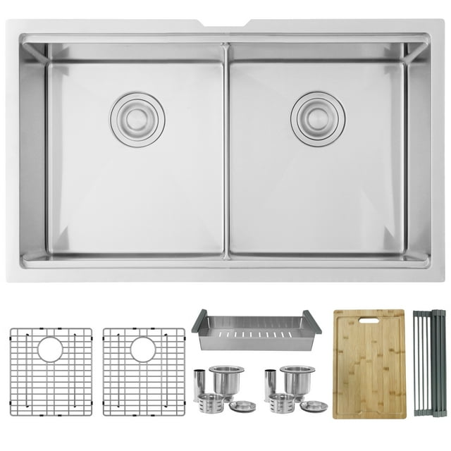 Évier de Cuisine Élégant Encastré 32 Pouces en Acier Inoxydable à Double Bol pour Poste de Travail avec 7 Accessoires S-601W