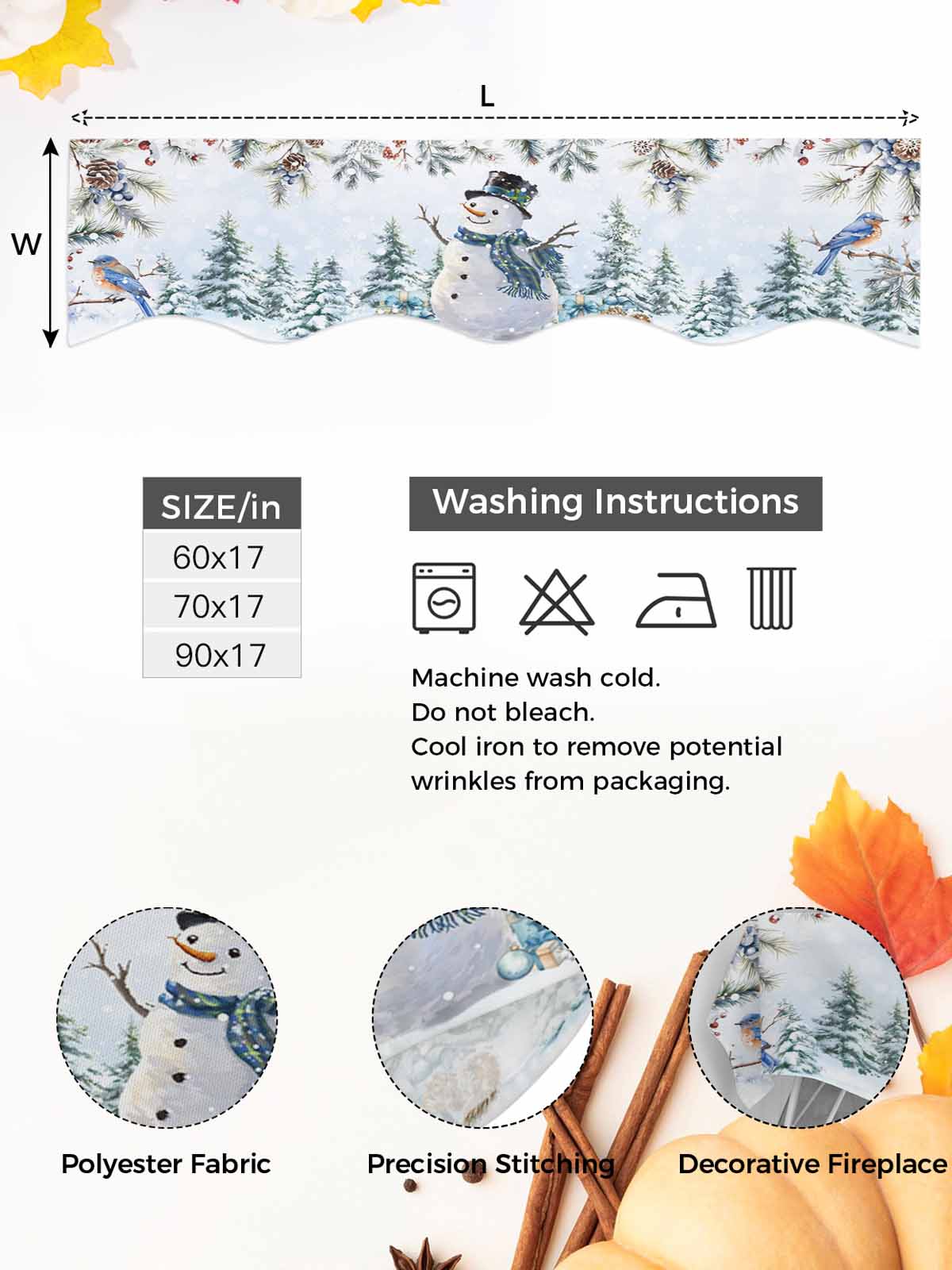 Christmas Snowman Fireplace Mantle Scarf Pine Leaf Forest Birds Berries Blue Snow Mantel Cover Runner Fireplace Cloth for Holiday Party Home Living Room Decor 70 x 17 Inch