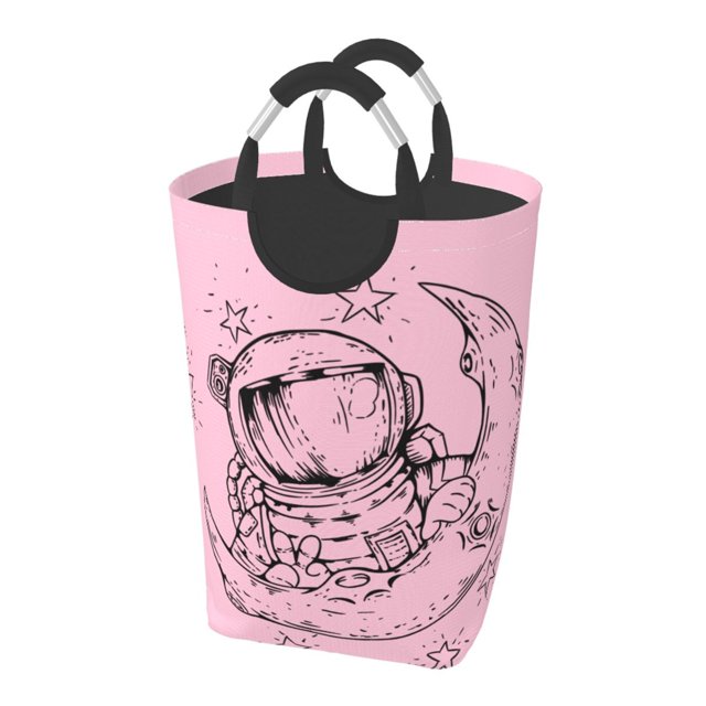 DouZhe 50L Rectangular Laundry Basket, Pink Space Fantasy Astronaut Prints Waterproof Foldable Laundry Hamper with Aluminum Handles