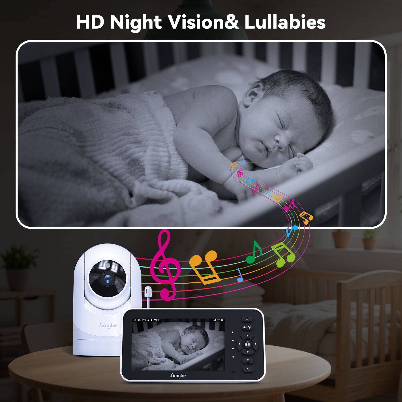 Simyke Video Baby Monitor with Camera and Audio,5'' IPS Screen,720P HD,App,Remote Pan/Tilt/Zoom Camera,Lullabies,Feeding Remind,HD Night Vision, VOX,2-Way Talk,Triple Security,1500ft Long Range