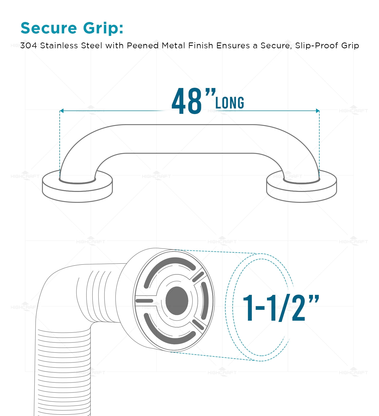 Highcraft Grab Bar for Bathtubs and Showers, Shower Grab Bars for Seniors and Elderly, Safety Bar for Bathroom 48" x 1.5" ADA Compliant Grab Bar, Heavy Duty Stainless Steel Shower Handle Wall Mount