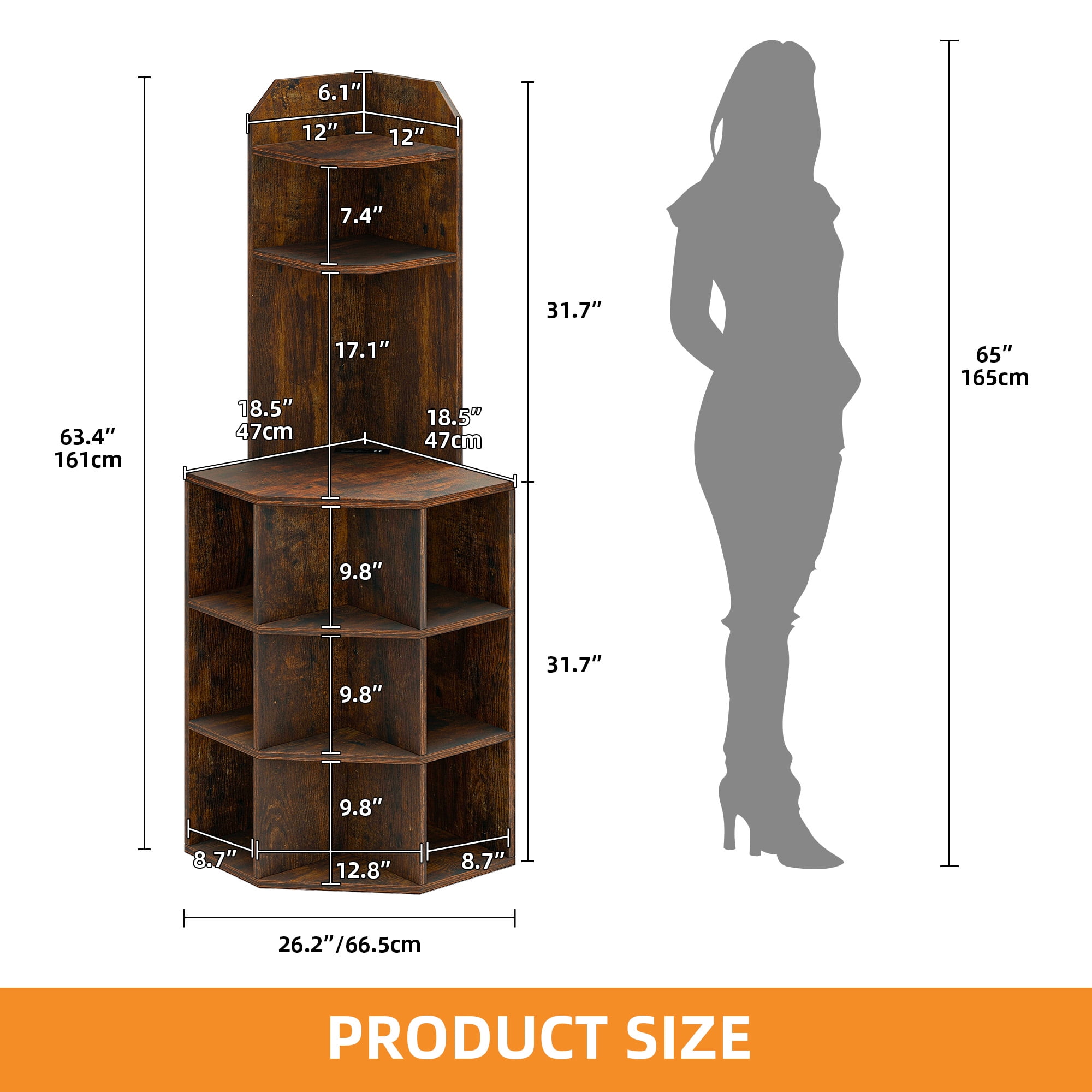 Uforic 5-Tier Corner Shelf with 9 cube,  Wooden Display Bookcases Bookshelf  with USB Ports, Brown