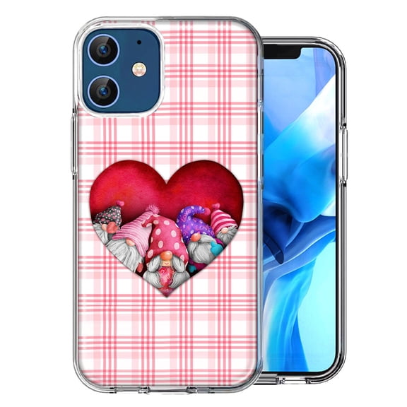 MUNDAZE for Apple iPhone 12 Valentine's Day Garden Gnomes Heart Love Pink Plaid Double Layer Phone Case Cover