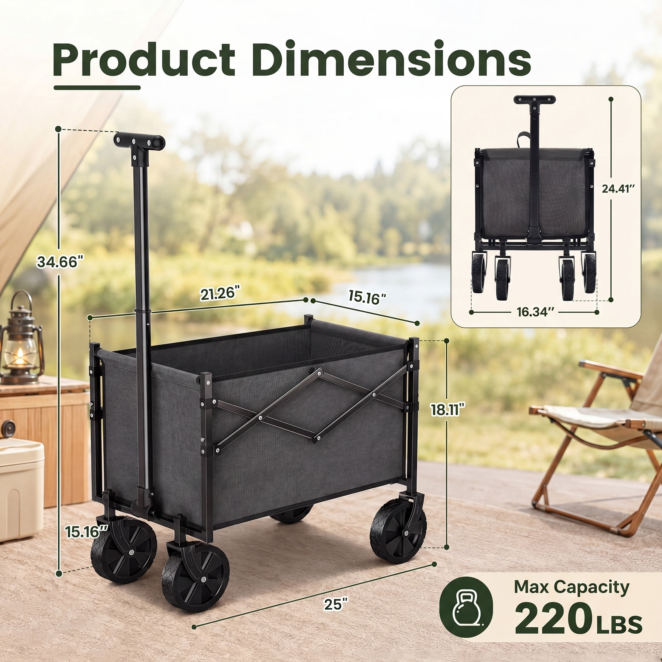SHOUFTW Folding Wagon Cart, 220 lb Capacity Collapsible Utility Wagon with All-Terrain Wheels & Adjustable Handle, Gray