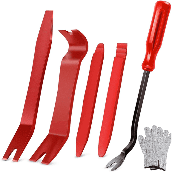 Gloves and 5 PCS Nylon Auto Trim Removal Tool Kit No-Scratch Removal Tool Kit for Car Panel & Audio Dashboard Dismantle Red