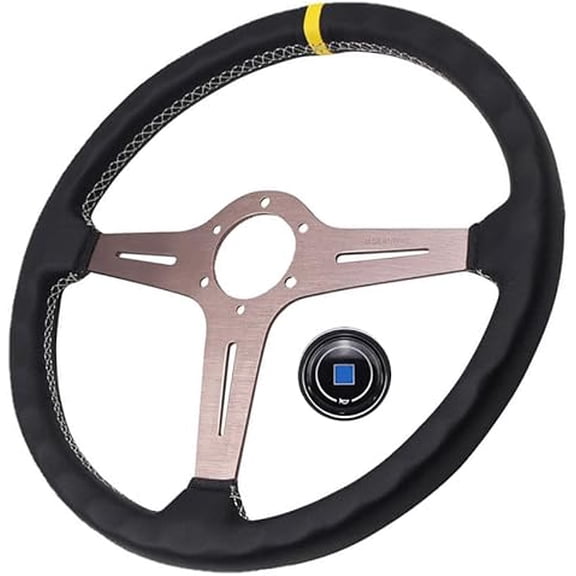 15" Steering Wheel, Universal 380mm Car Classic Leather Titanium Chrome Steering Wheels With Horn Button