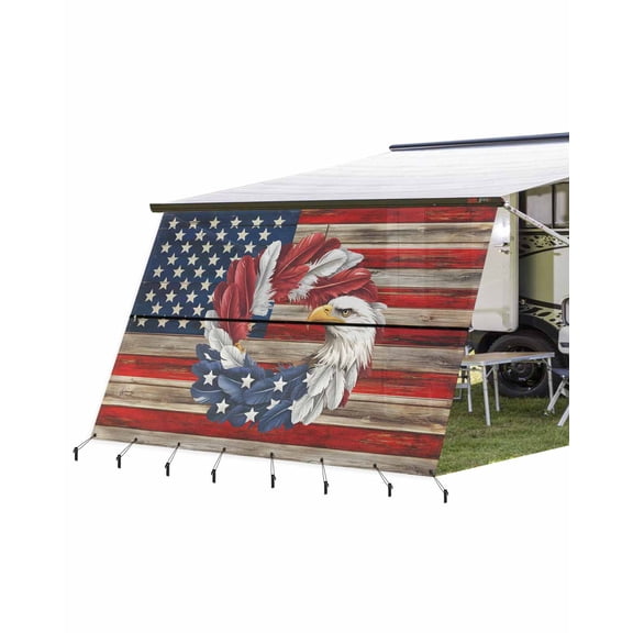 4th of July RV Awning Sun Shade Screen 9'X15.3' Patriotic American Flag Eagle Mesh Sunscreen Red White and Blue Feather Awning Shade Screen with Zipper Completed Kits for RV Motorhome Camper