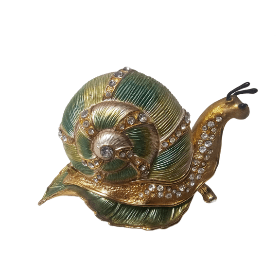 Godinger Silver Art Co Green Snail On Leaf Trinket Box Jeweled Metal Enamel