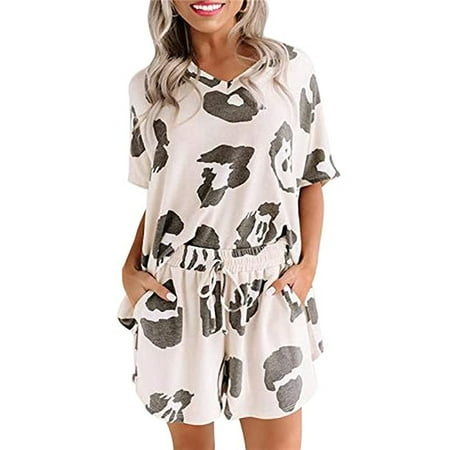 

UKAP Ladies Pjs V Neck Pajamas Set Leopard Print Nightwear Suit Travel Top And Shorts Soft Pyjama Beige Leopard Print M