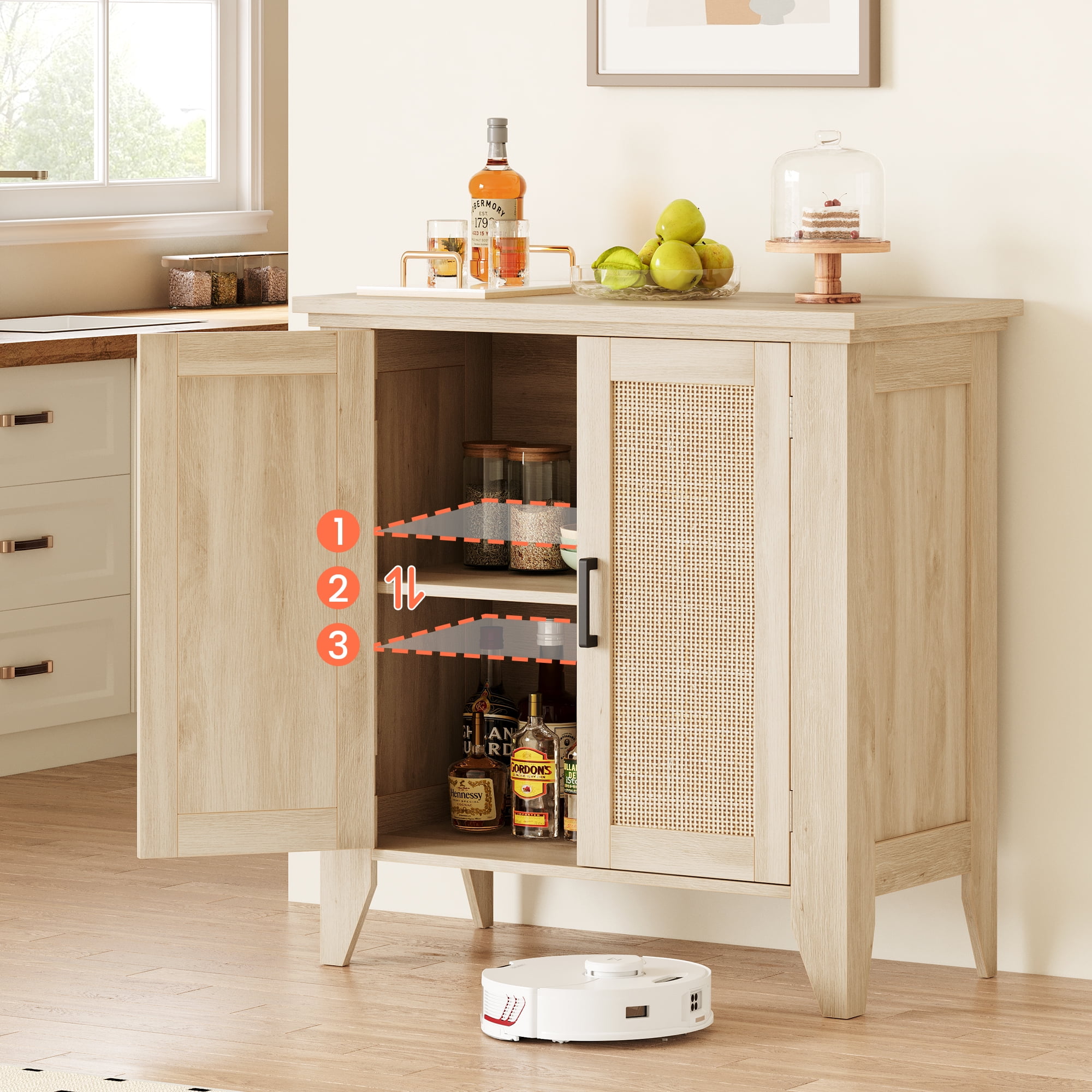 Buffet Cabinet,Rattan Storage Cabinet with Door and Adjustable Shelf,Kitchen Console Cabinet with Storage Space,Suitable for Dining Room,Bedroom,Hallway