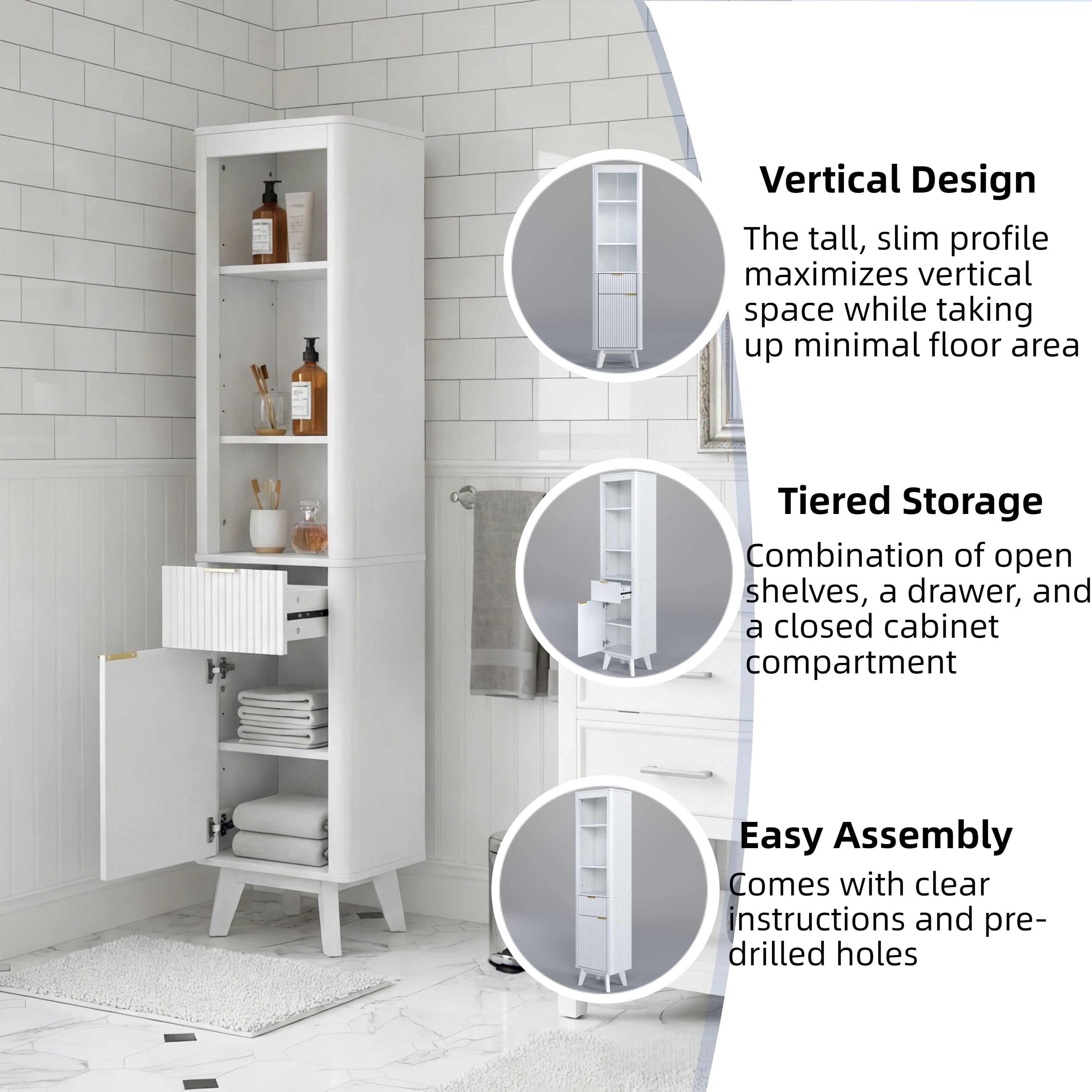 Leumius 68" H Tall Bathroom Storage Cabinet with Adjustable Shelves,One Drawer & Door, Storage Cabinet for Bathroom, Living Room, Entryway,White