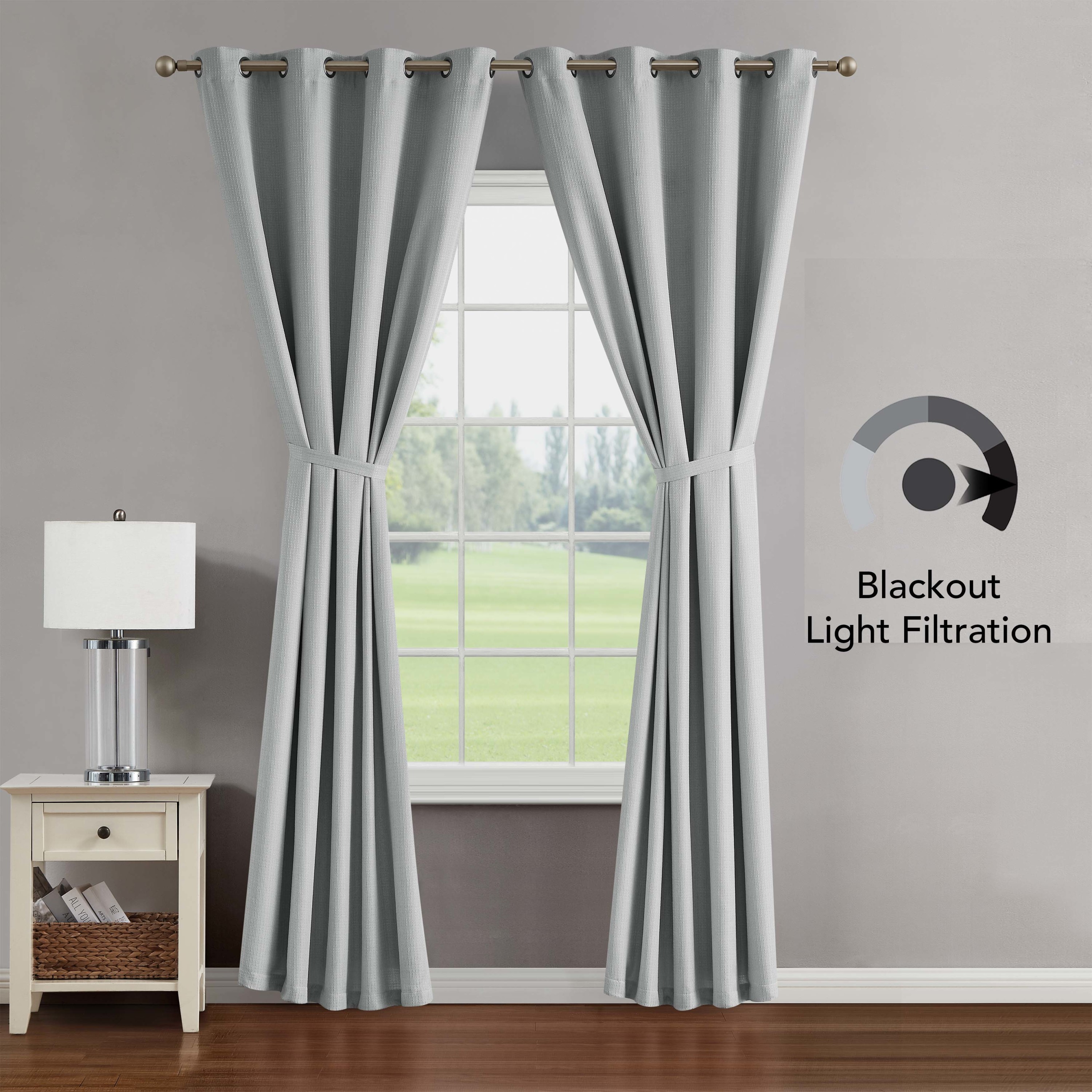Chyna Blackout Window Curtain Panels with Tiebacks, Grommet, Grey, 50" x 108"