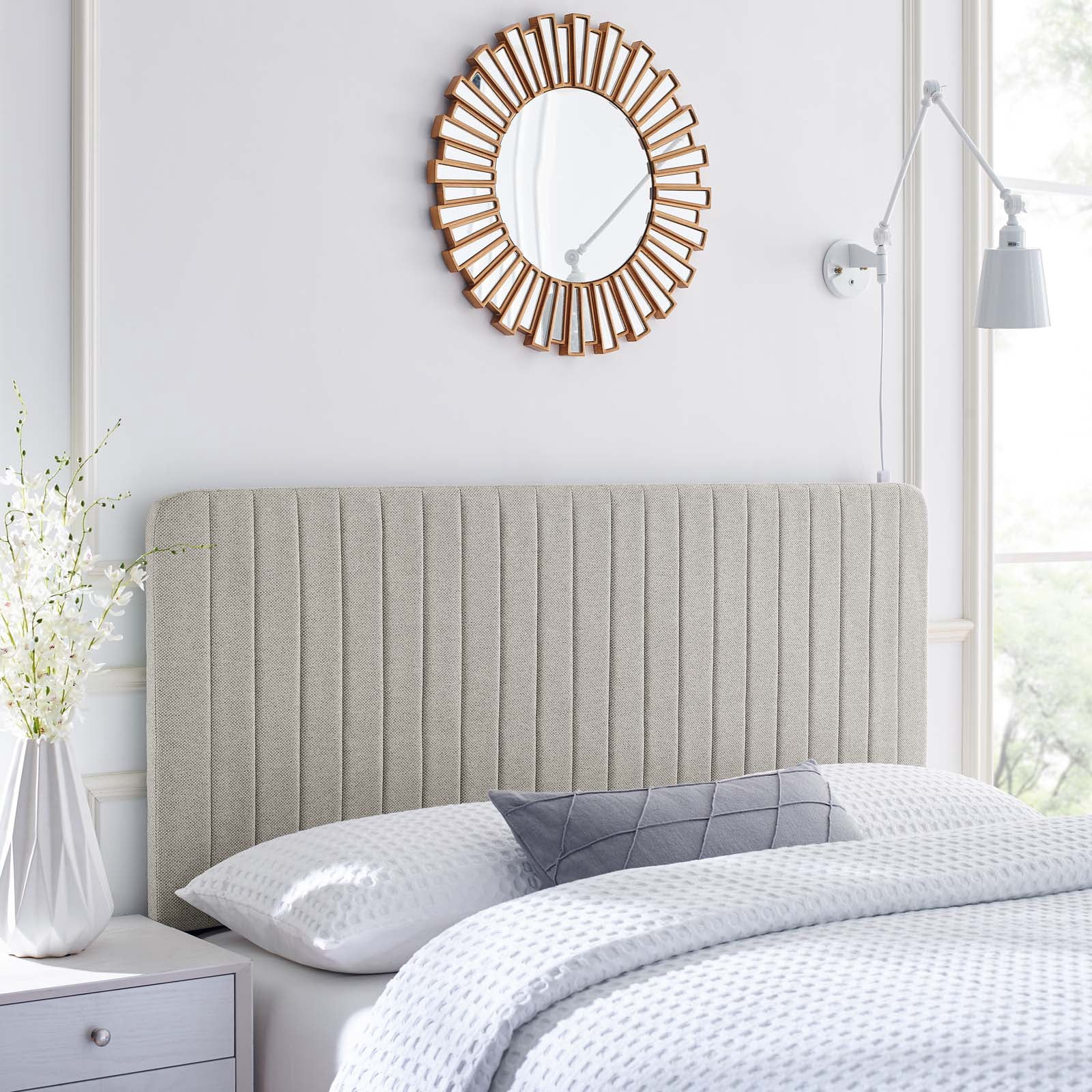 Tufted Headboard, Full Queen Size, Fabric, Light Brown Oatmeal, Modern Contemporary Urban Design, Bedroom Master Guest Suite