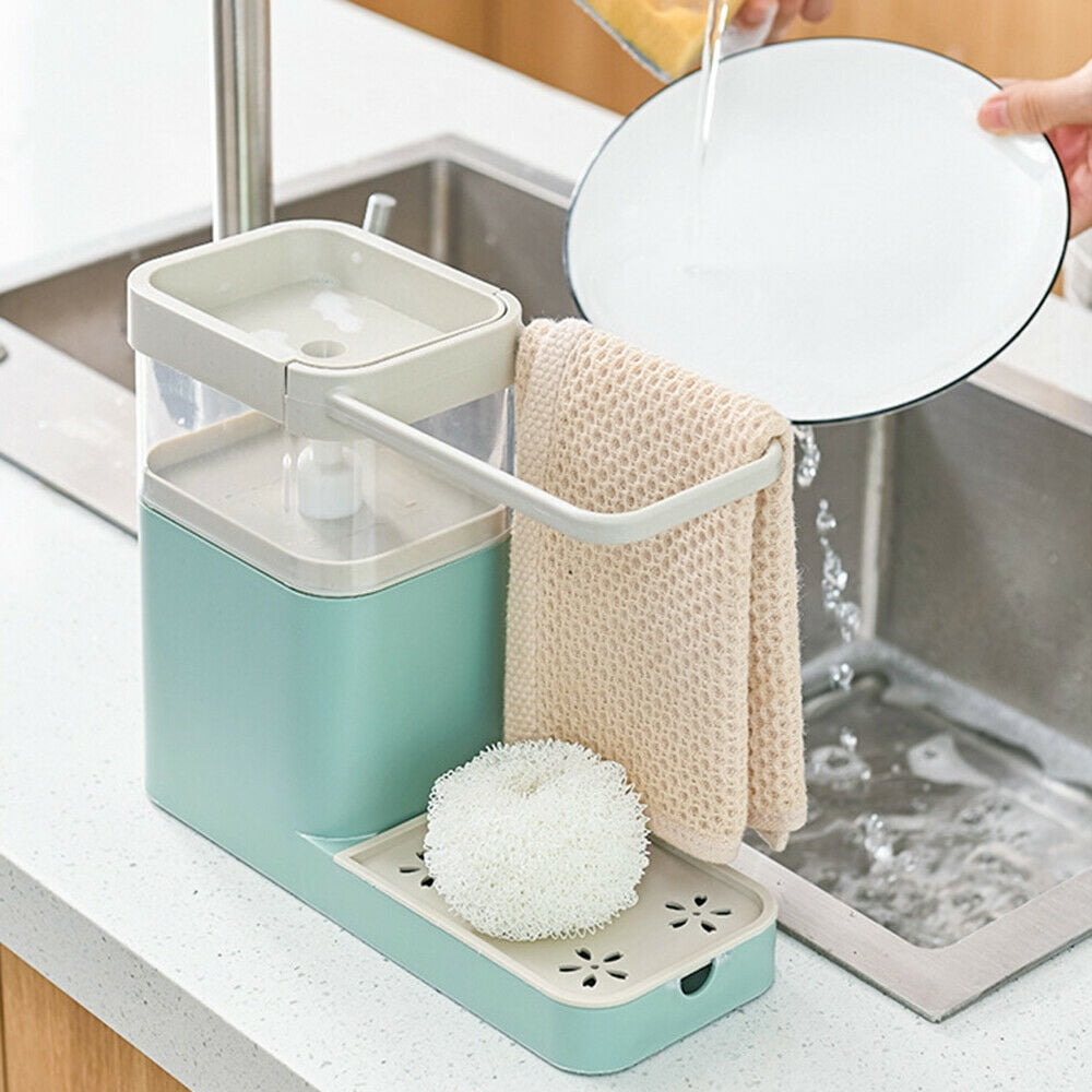 Fichiouy 4 in 1 Dish Soap Dispenser Dishwash Clean Soap Pump Liquid Sponge Holder for Kitchen