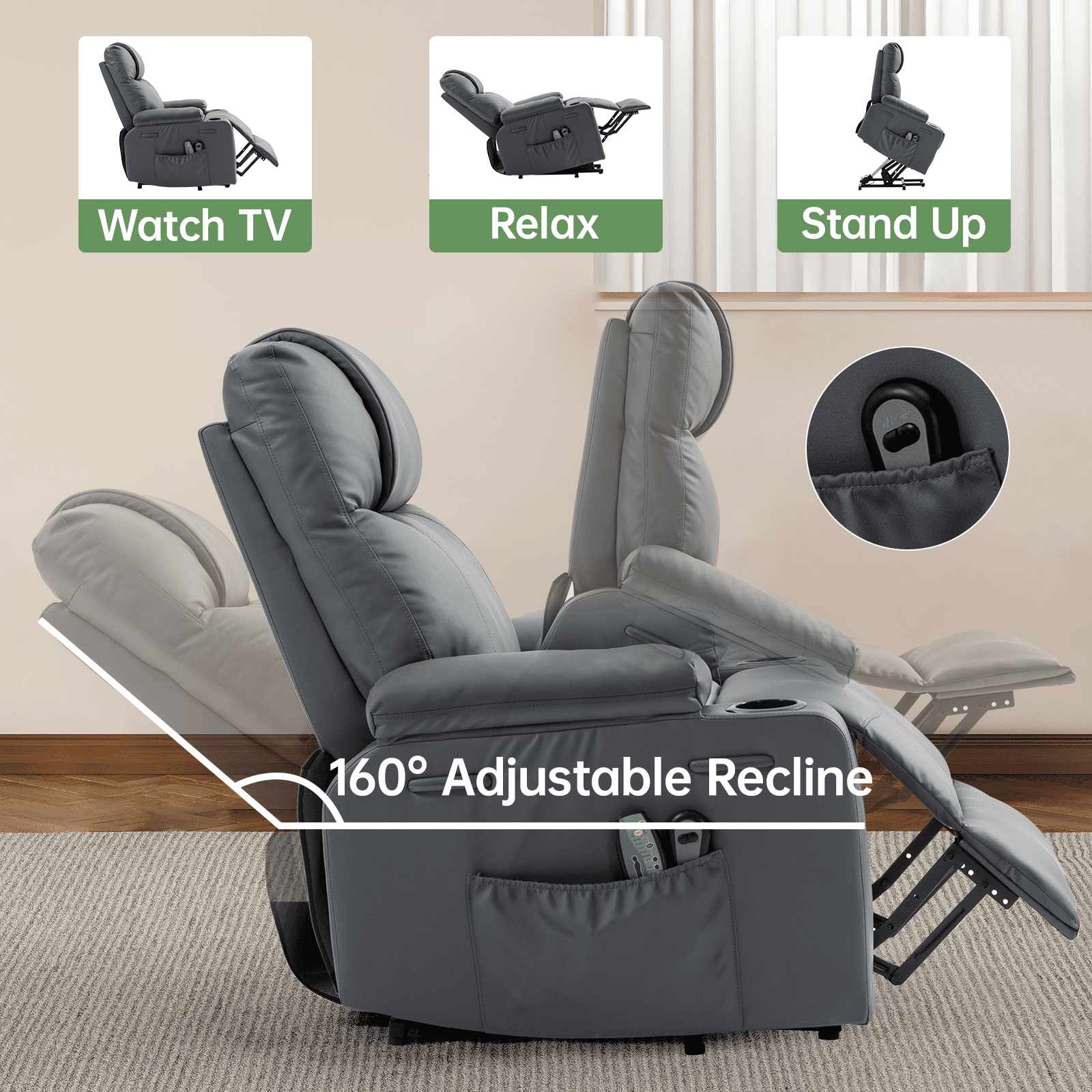 Power Lift Recliner Chair for Elderly with Heat & Massage, 160° Electric Adjustable PU Leather Recliner Sofa with Remote Control, Stand Assist, Cup Holder & Side Pockets for Living Room (Grey)