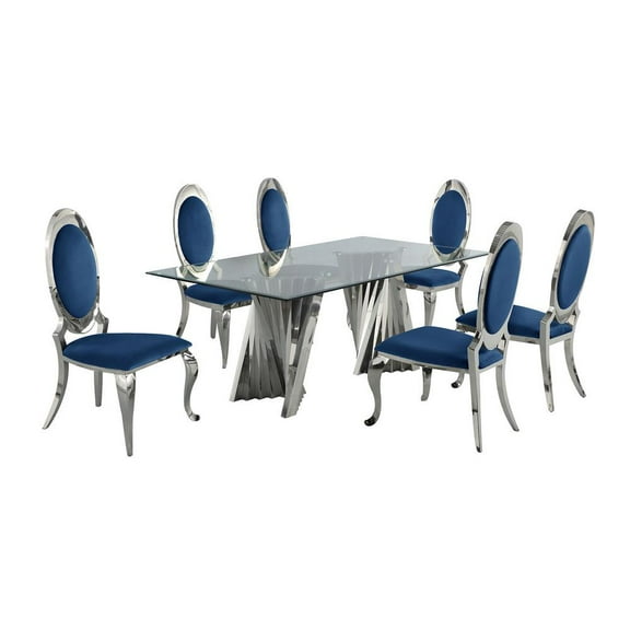 Clear Glass Dining Set with Table and 6 Oval Navy Blue Velvet Chairs