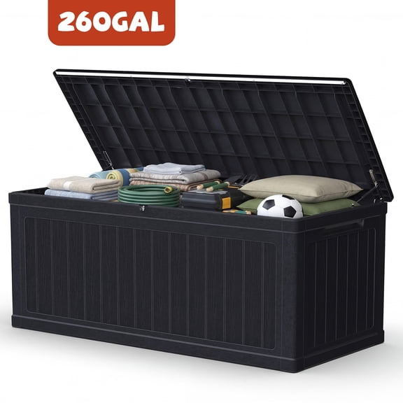 Cirui 260 Gallon Large Deck Box,Lockable Resin Outdoor Indoor Storage Box with Hundles,Waterproof UV Resistant Outside Deck Box for Patio Furniture Cushions, Pool Float,Garden Tool,Black