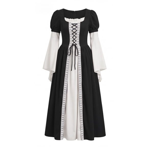 Anmrize Renaissance Long Gown, Medieval Square Neck Dress, Puff Sleeve Lace Up Dress, Renaissance Costume Women Peasant Medieval Dress Long Sleeve Maxi Fairy Dresses, Black L