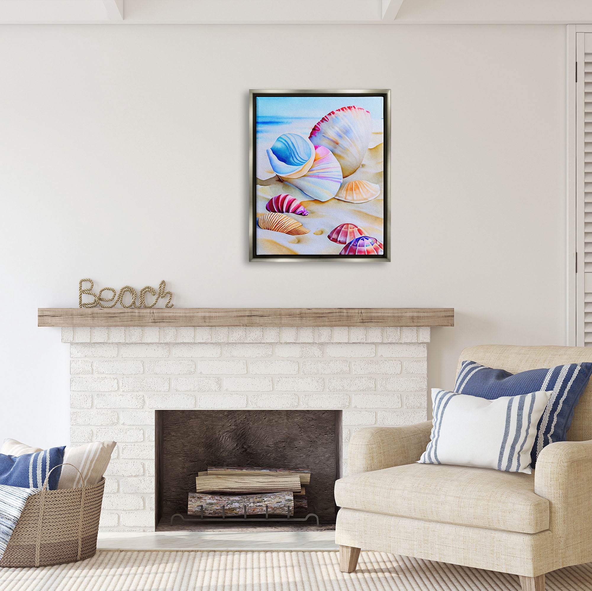 Stupell Industries Vibrant Seashells on Beach Nature Painting Gray Floater Framed Art Print Wall Art, 25 x 31