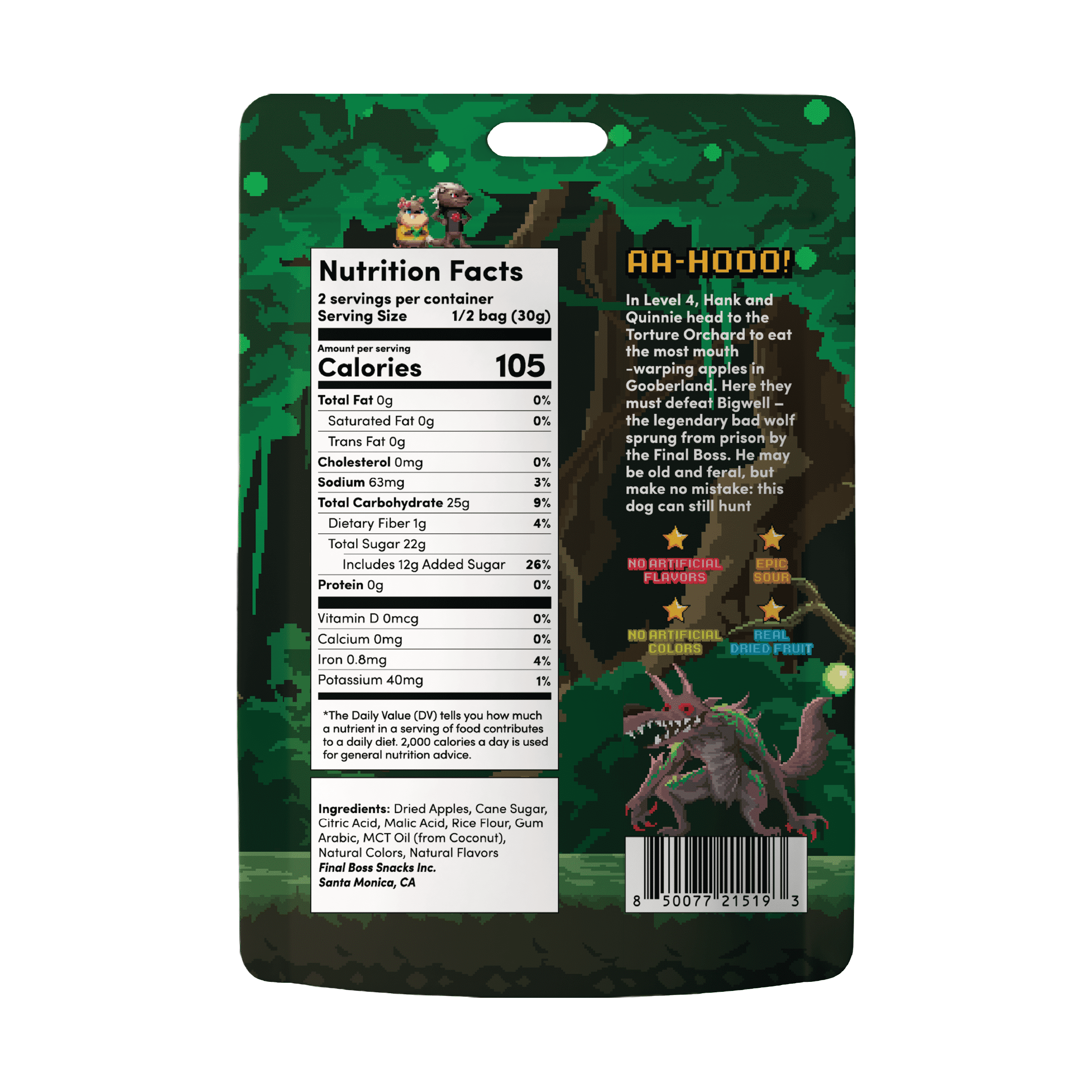 Final Boss Sour Level 4 Green Apple Dried Fruit Snack, Real Dried Apple Slices with Extreme Sour Flavor