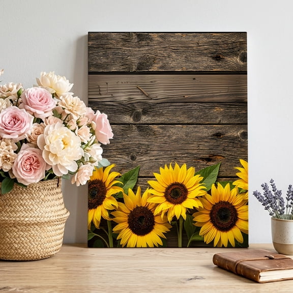 Canvas Wall Art Summer Floral Canvas Art Print Rustic Sunflower Farmhouse Brown Wood Grain Pictures Wall Decor for Living Room Bedroom Artwork Decorations Stretched Framed Ready to Hang 11"x14"