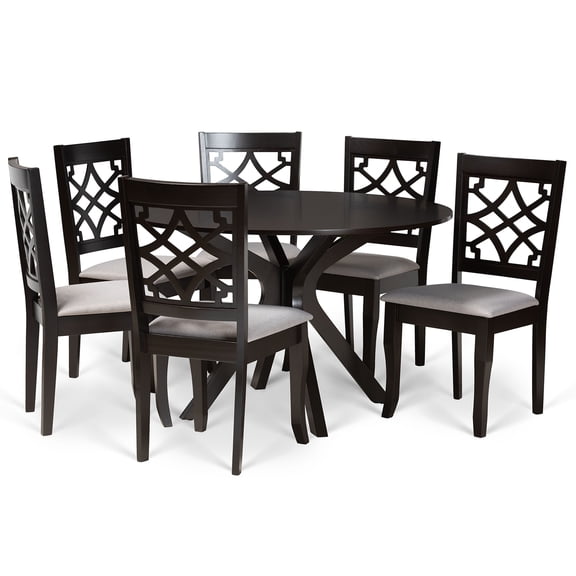 Modern 7-Piece Dining Set - Grey Fabric Chairs & Dark Wood Table
