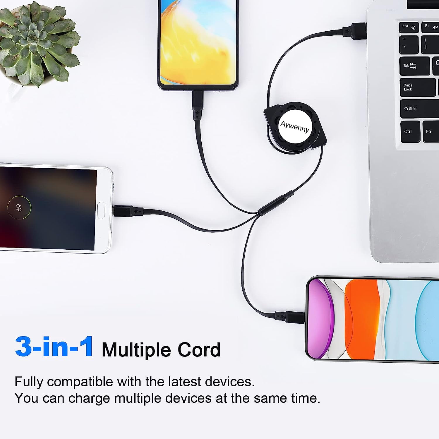 RGHJAR-[2026 Upgraded] 3 Pack Multi Retractable Charging Cable, 3 in 1 USB Charging Cable with USB C/Micro USB/Phone Port, 3.3FT Charging Cable for Phone17 16 15 14 13 12 11 XS XR X 8 7 6 SE (3Pcs)