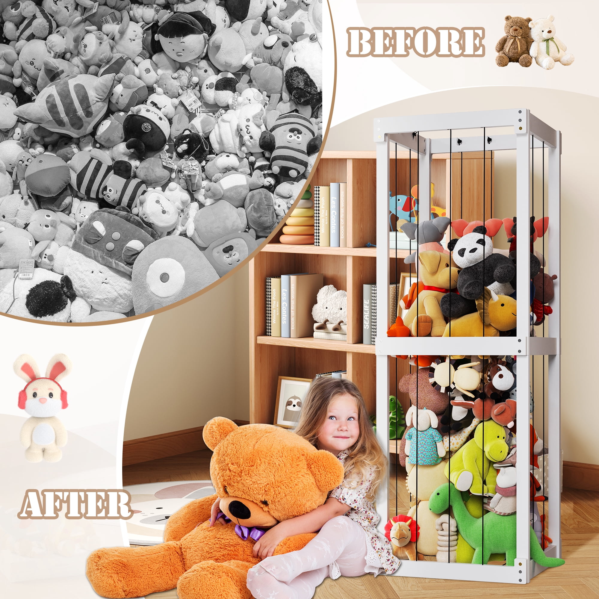 Peekabu Extra Large Stuffed Toy Storage, Stuffed Animal Holder Wooden Plush Storage, Organizer Shelf with Elastic Band for Birthday Gift for Toddler & Kid, Bedroom Decor Corner