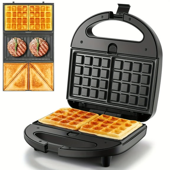 3-in-1 Sandwich Maker, Panini Press & Waffle Iron, 750W Toaster With Removable Non-Stick Plates, Perfect For Grilled Cheese, Sandwiches & Steaks, Black