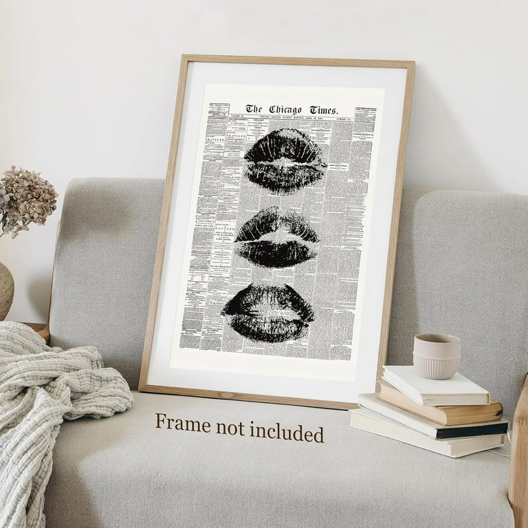 Trendy Newspaper Wall Art Vintage Black And White Kiss Lips