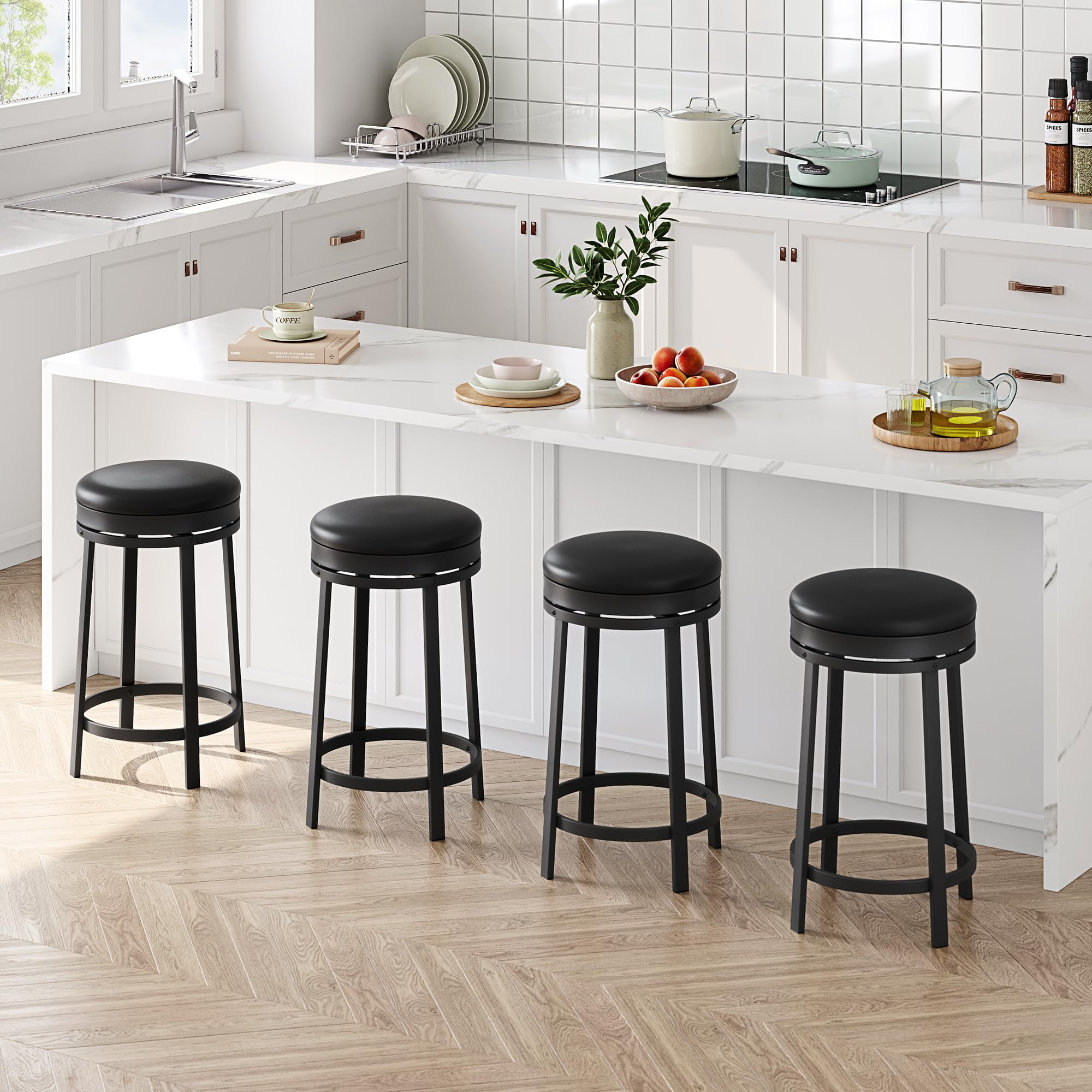 24"Swivel Bar Stools with Footrest, Modern Counter Height Barstools with Pu Leather Upholstered and Metal Frame, Backless Round Bar Stools for Kitchen Island, Black