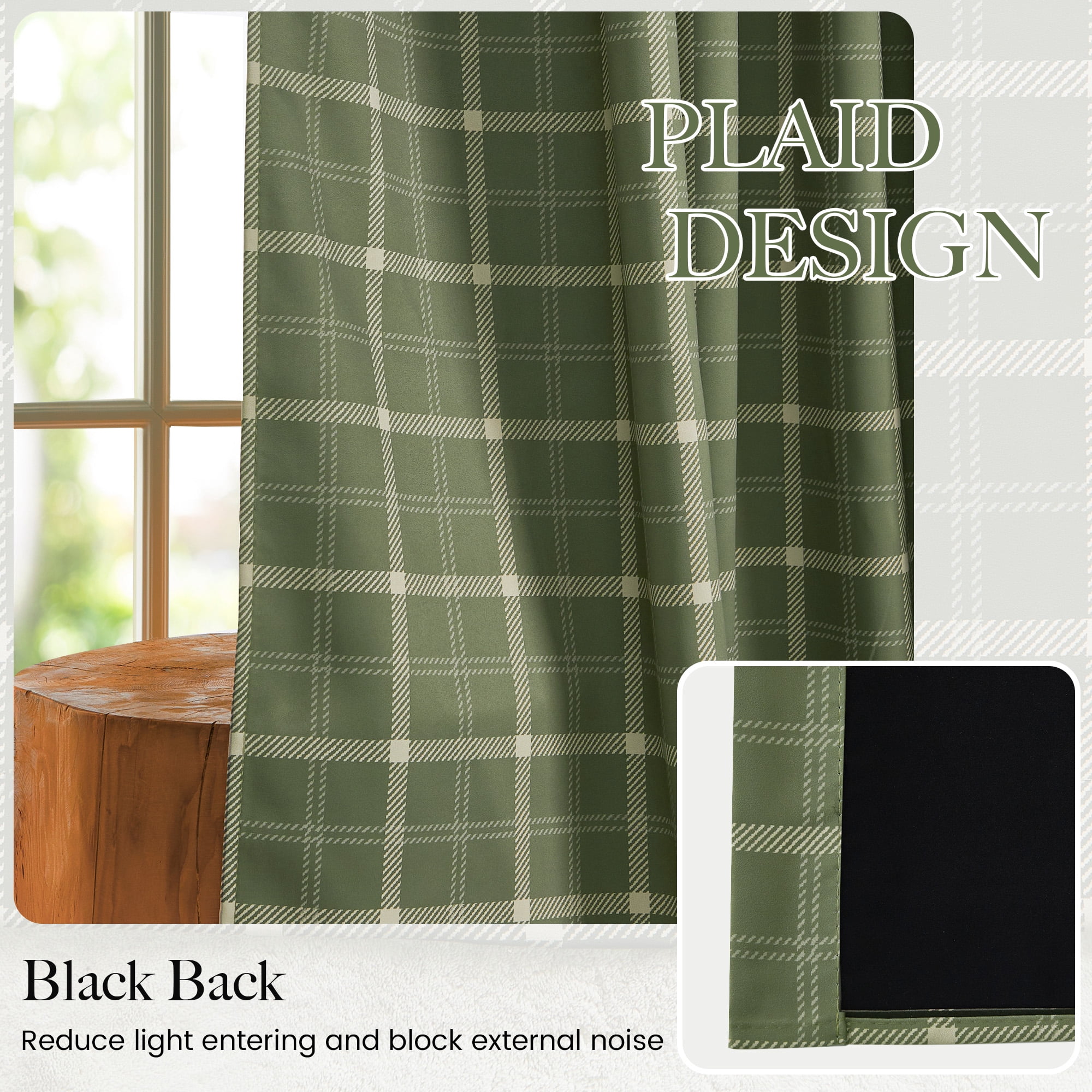 NICETOWN 100% Blackout Green Plaid Curtains for Bedroom Privacy Protect Grommet Thermal Insulated Window Treatment for Living Room, 2 Panels, Moss Green, W52 x L84