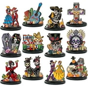 12 Pcs Day of The Dead Table Decorations Wooden Mexican Dia De Los Muertos Altar Centerpiece Halloween Sugar Skull Table Topper Decor Skeleton for Mexican Fiesta Tiered Tray Decor Party Favor