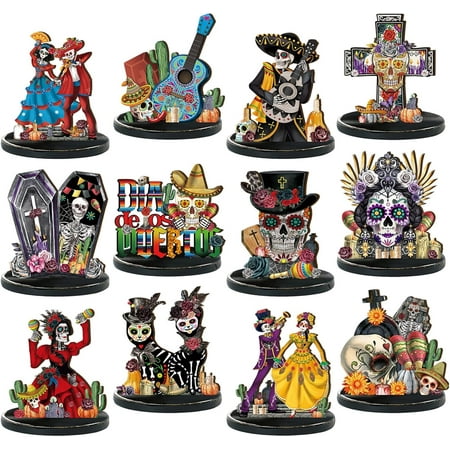 12 Pcs Day of The Dead Table Decorations Wooden Mexican Dia De Los Muertos Altar Centerpiece Halloween Sugar Skull Table Topper Decor Skeleton for Mexican Fiesta Tiered Tray Decor Party Favor