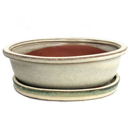 Ceramic Bonsai Planter  with Saucer Cream Oval  8 