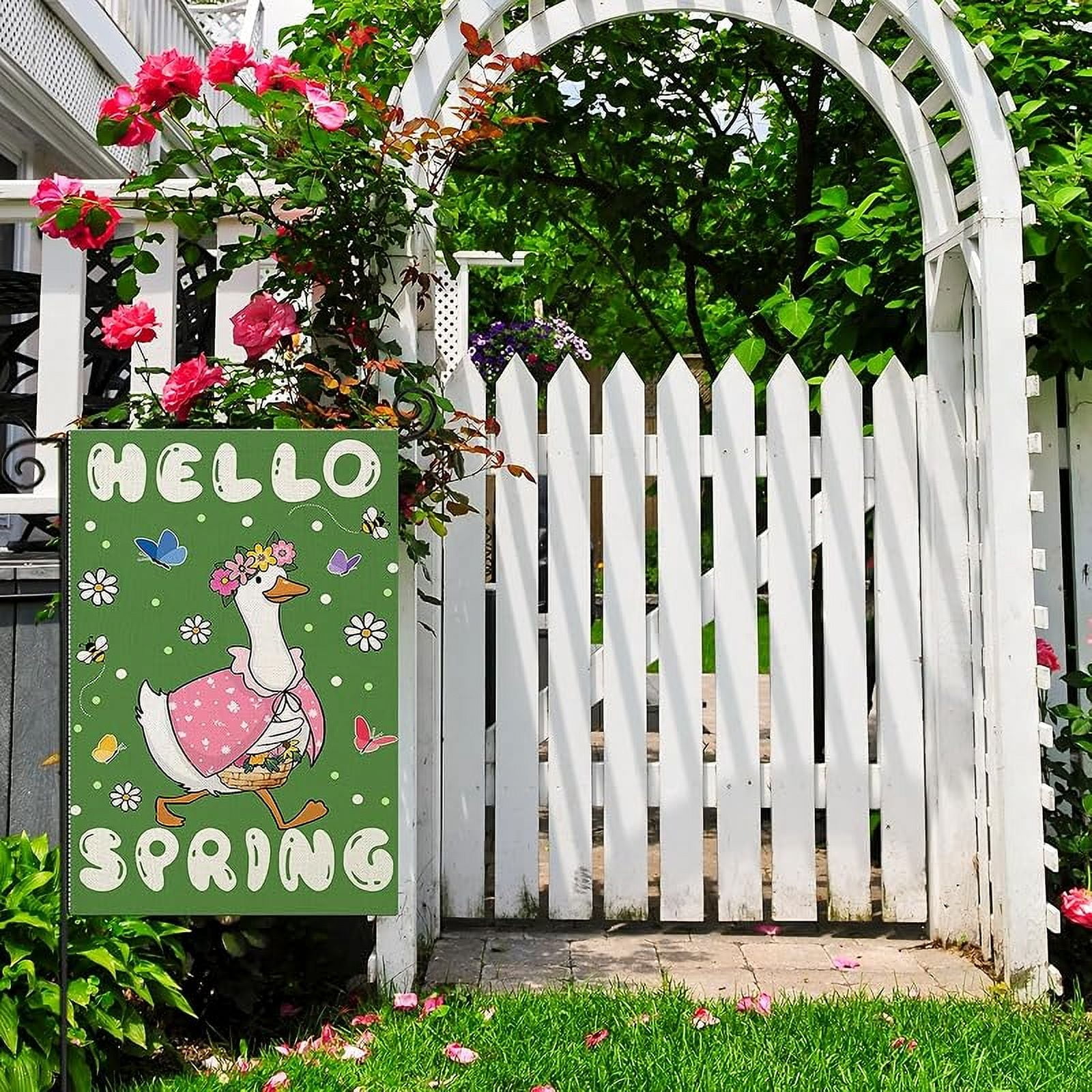 Hello Spring House Flags for Outdoor Decoration, Funny Goose with Flowers Large Yard Flag,Seasonal Decorative Decor for Holiday Summer Outside 28x40 Inch Vertical Double Sided